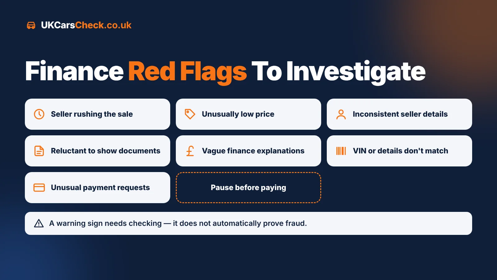 Car finance red flags to investigate, including a rushed sale, an unusually low price and unusual payment requests