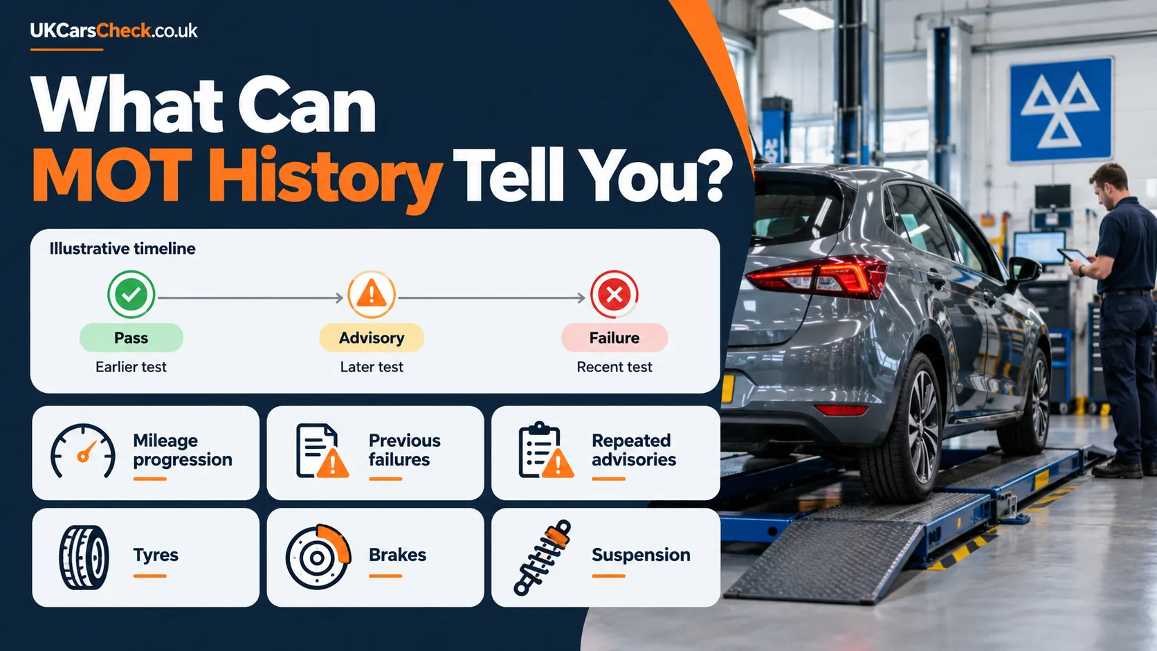What MOT history can tell you: illustrative pass, advisory and failure timeline plus mileage, tyres, brakes and suspension