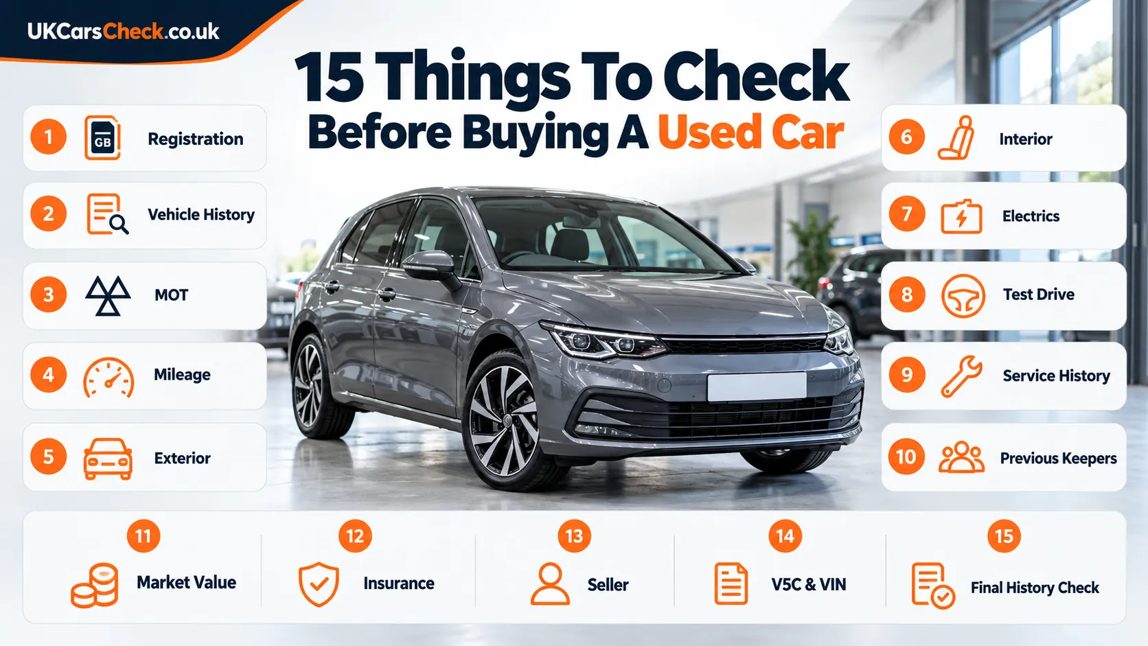 Infographic listing 15 things to check before buying a used car, from registration and MOT to V5C, VIN and a final history check