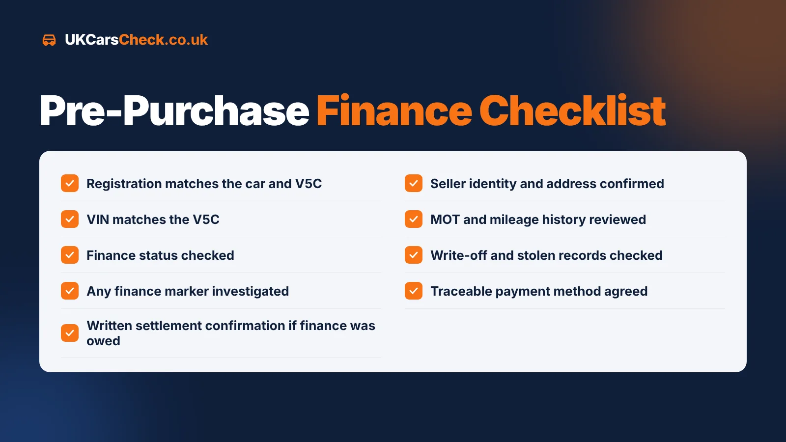 Pre-purchase car finance checklist covering registration, VIN, finance status, seller identity and payment method