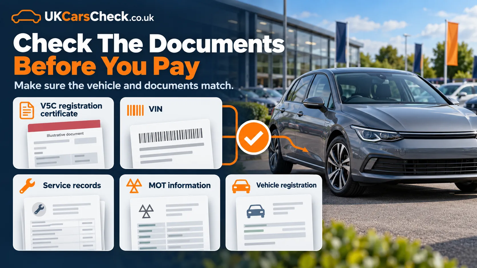 Checking the V5C registration certificate, VIN, service records and MOT information match the vehicle before paying